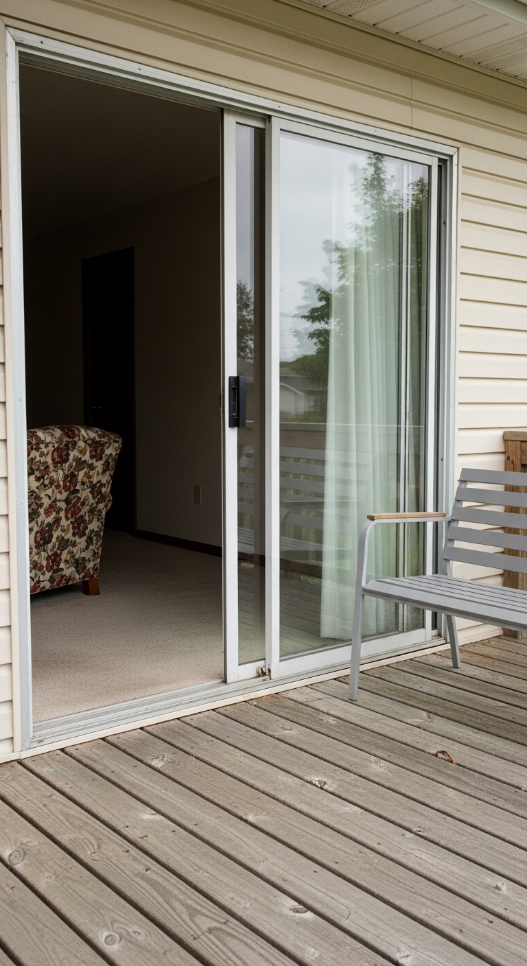 1980s home with a small sliding door to the back porch