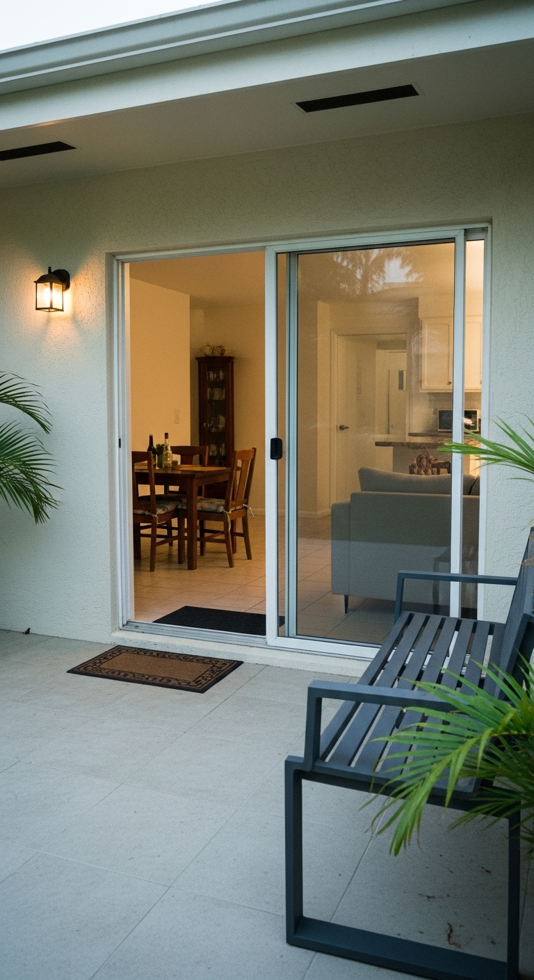revamped 1980s home with a small sliding door to the back porch