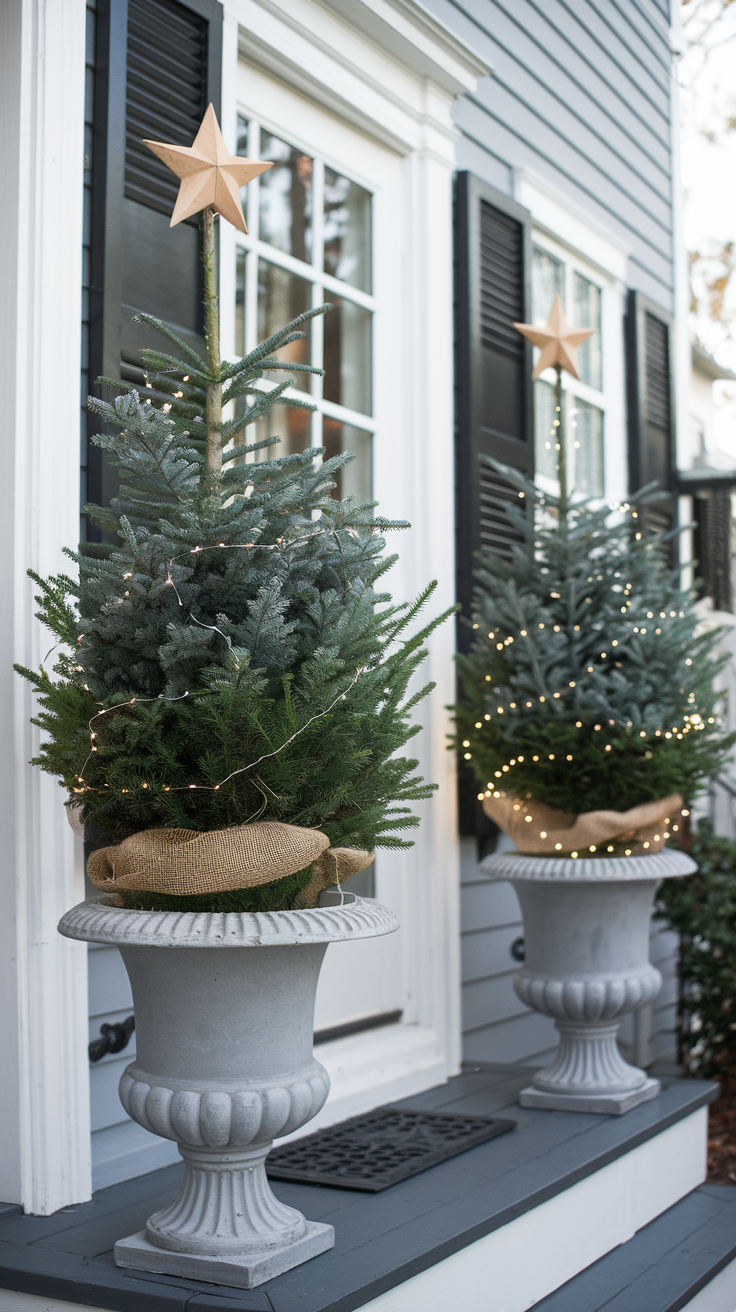 Christmas vases with blue spruce tree. Burlap ribbon wraps the trunks
