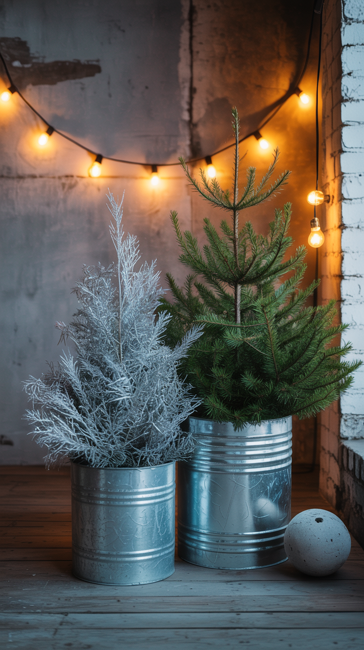 Industrial metal drum planters as Christmas vases. Traditional pine mixes with silver spray-painted branches