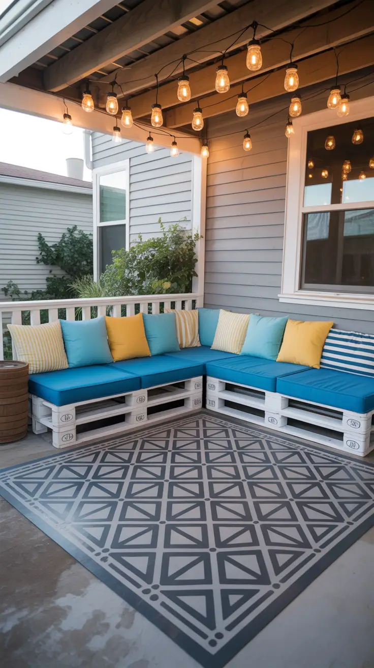 Back porch with pallet furniture painted white fills one corner. Thrift store cushions add comfort.