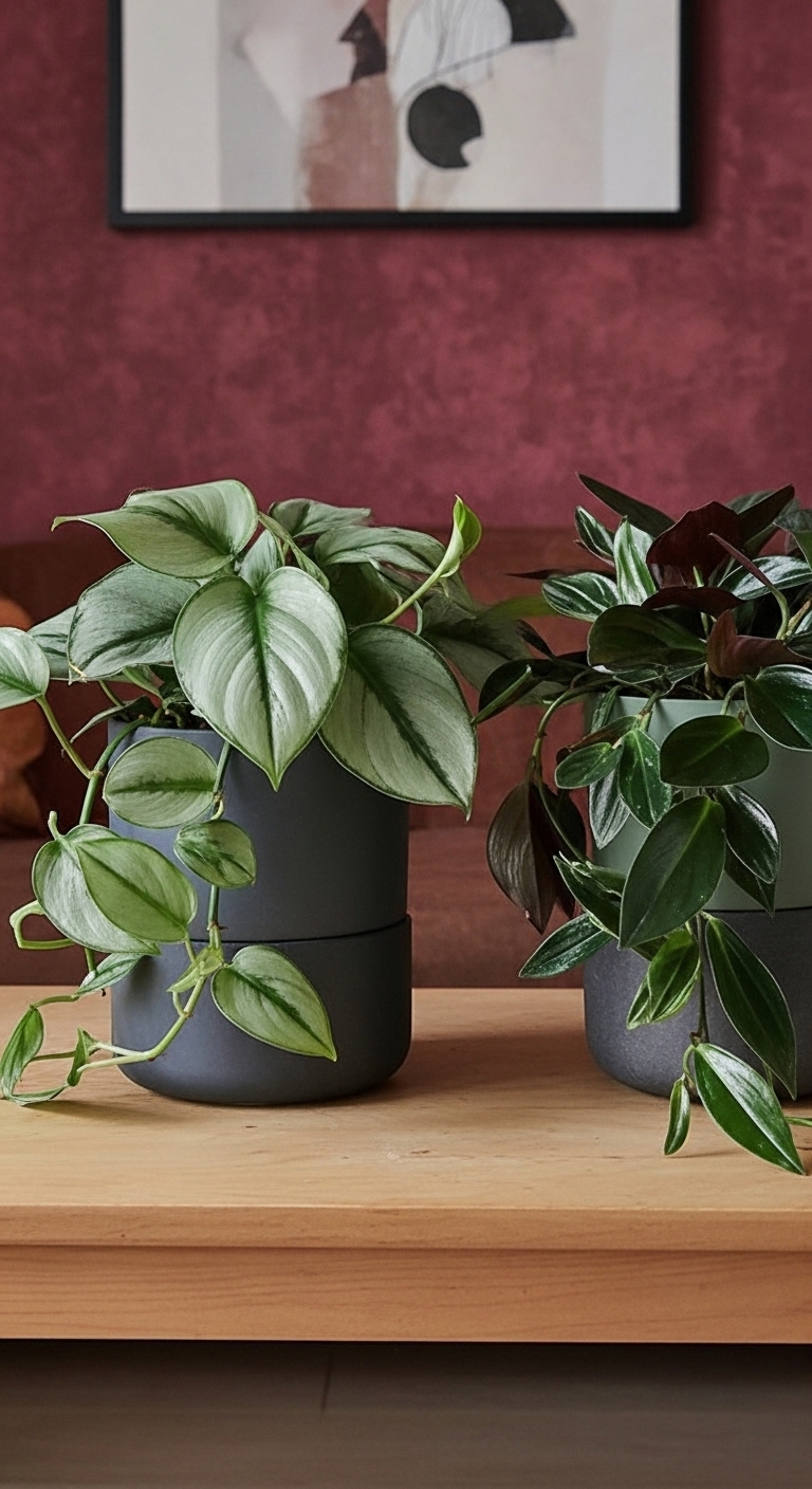 Moonlight and Dark Treubii Pothos plants on a side table