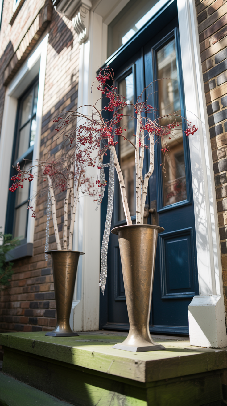 Chrismas vase with white birch branches reaching skyward. Red berry clusters and silver ribbon