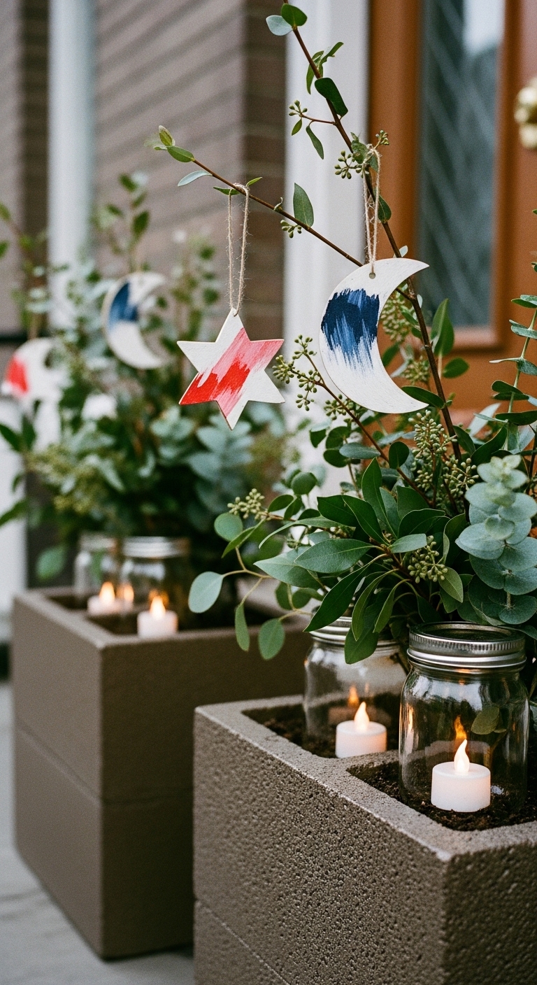Budget Christmas vase bouquet greens fill the containers. Hand-painted wooden ornaments hang from branches. LED tea lights in mason jars provide glow