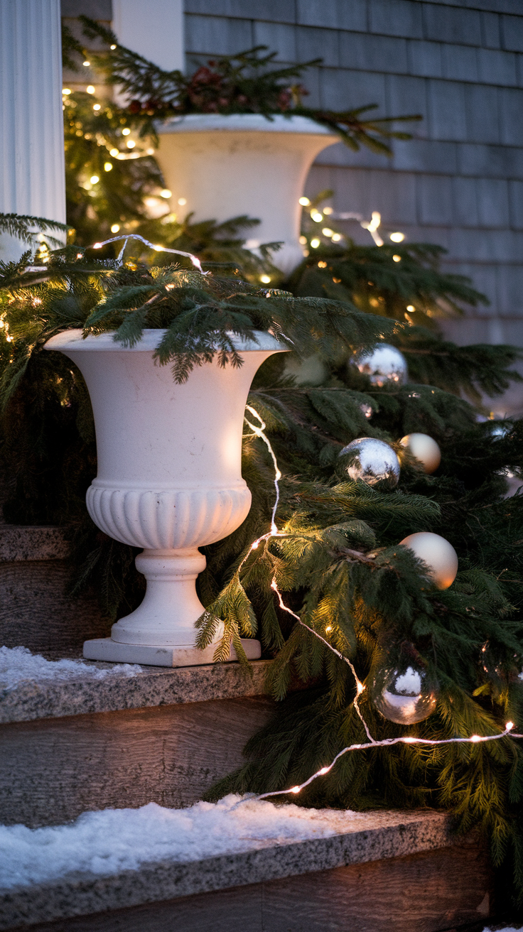 Christmas urns where LED strings weave through balsam fir branches. The lights shine off silver ball ornaments
