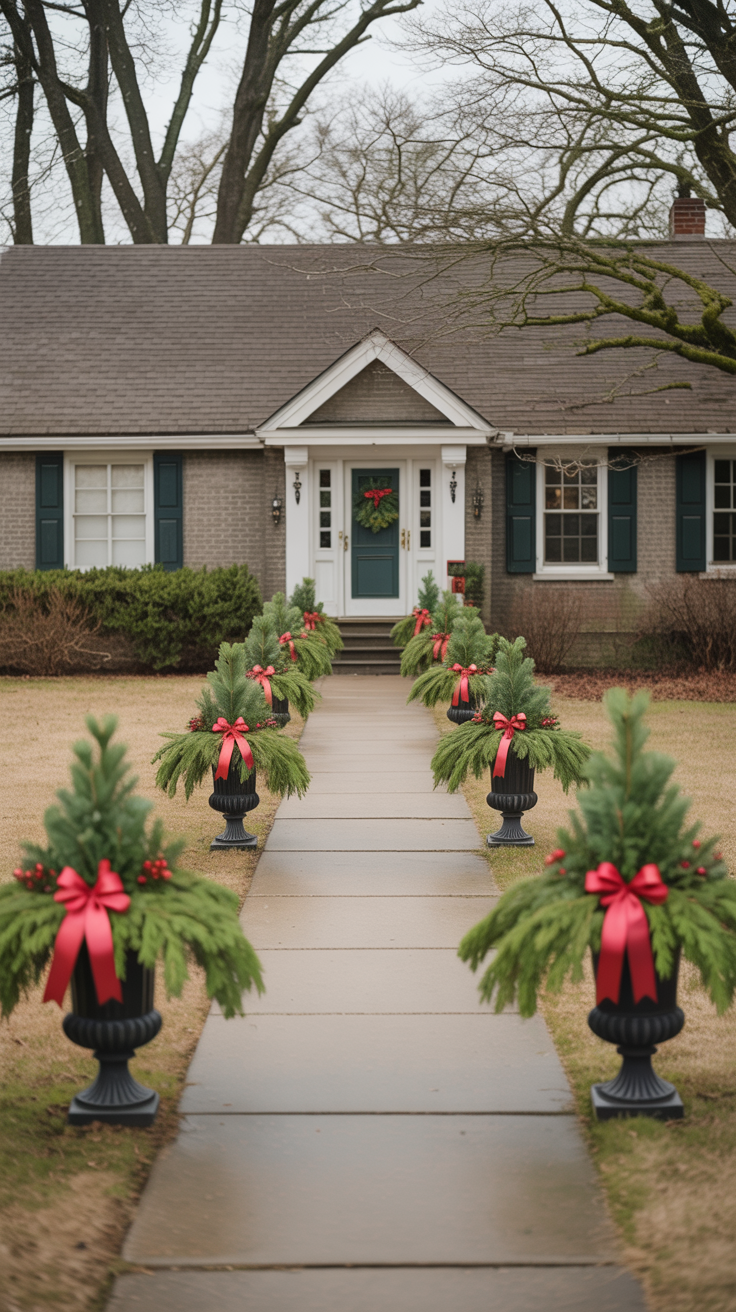 Christmas urns on path way each with Each holds similar arrangements of pine, holly, and red ribbon