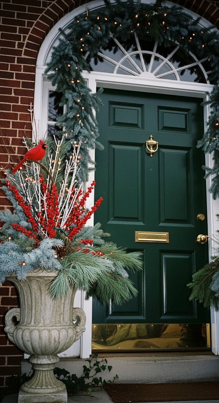 Christmas urn with blue spruce branches, white pine boughs, and clusters of winterberry