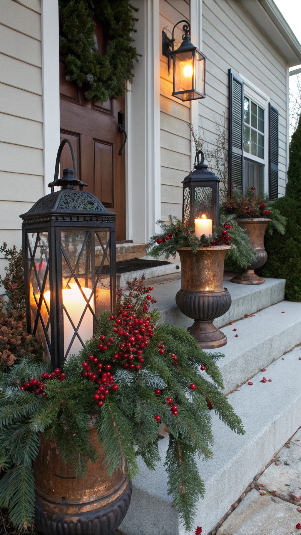 Aged copper urns with noble fir. Black metal lanterns sit nestled in noble fir branches. Battery candles inside the glass. Red winterberry sprigs frame each lantern