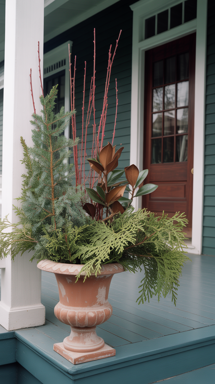 Christmas urn with noble fir, cedar, and juniper. Red dogwood stems spike upward. Artificial burgundy magnolia leaves .