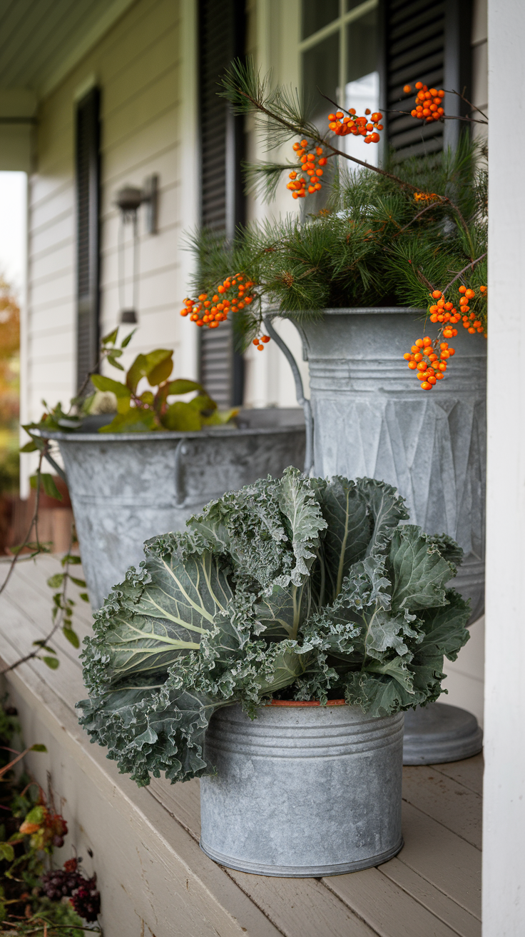 Holiday urn with autumn kale and ornamental cabbage with fresh pine branches. Orange berries bridge the seasonal transition.