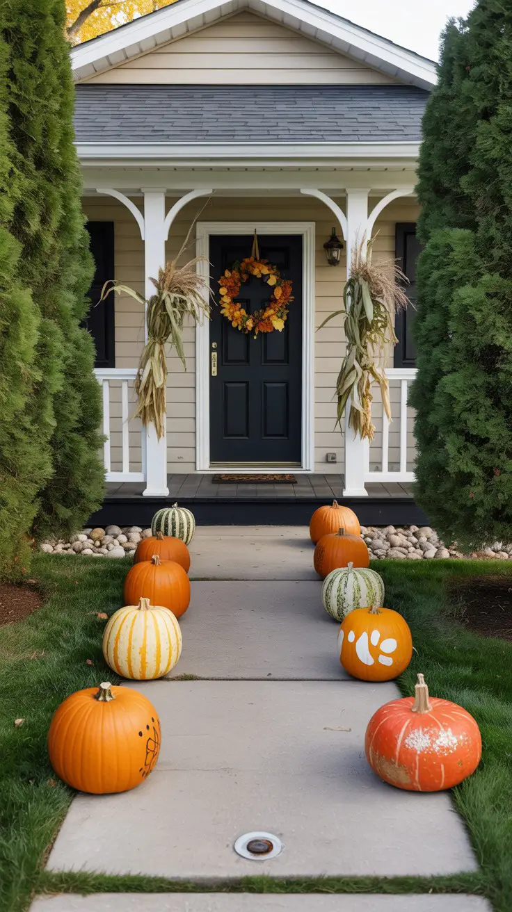 Painted halloween pumpkins lining path
