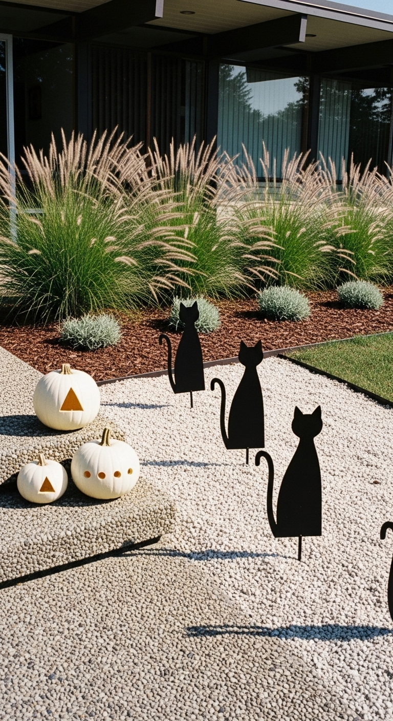 White carved halloween pumpkins with black cats
