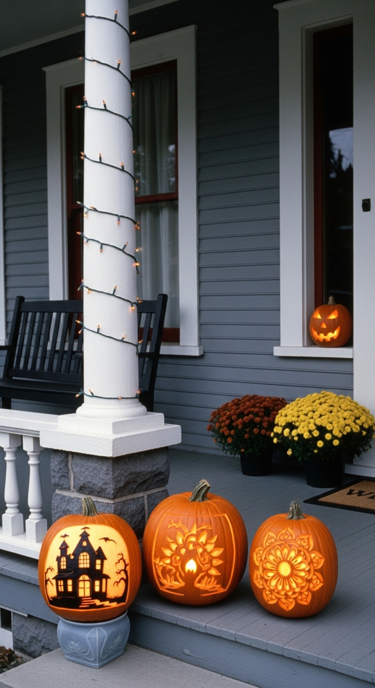 Three elaborately carved halloween pumpkins display actual artwork