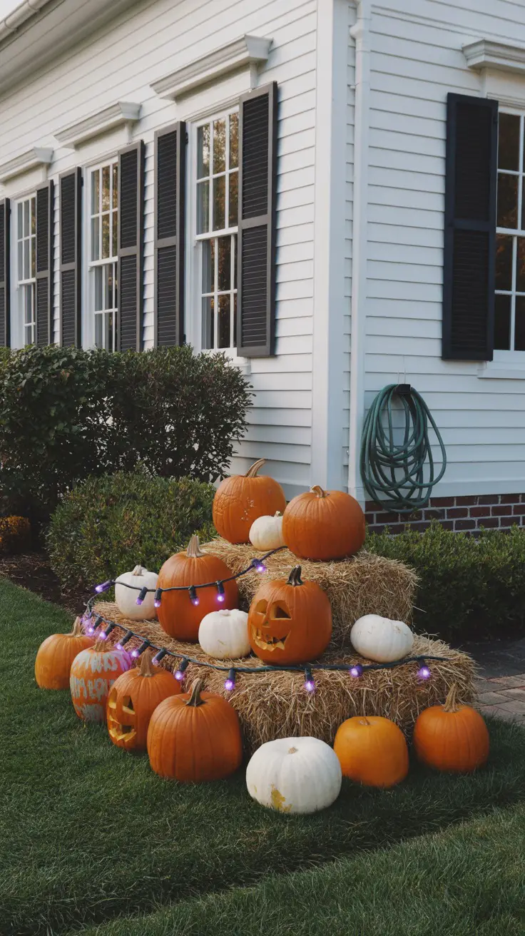 Halloween pumpkin display on haybales