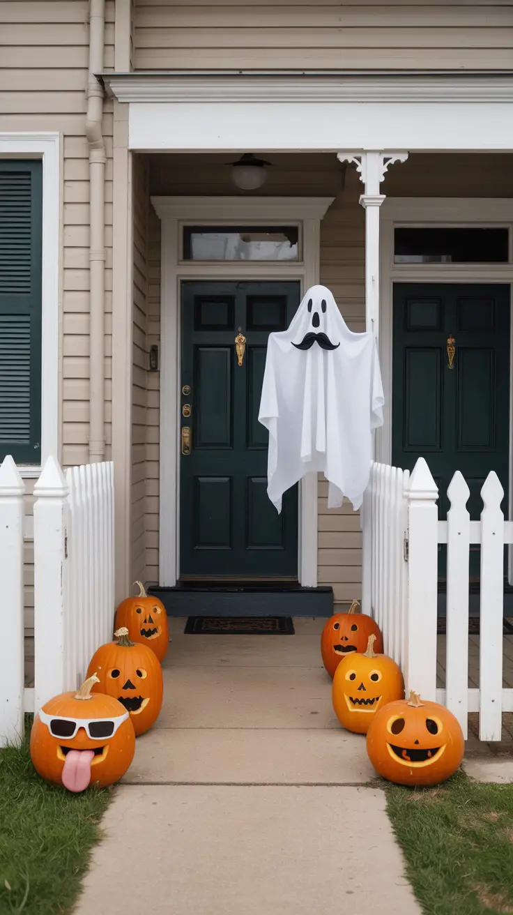 Halloween pumpkins with ridiculous faces line the garden path