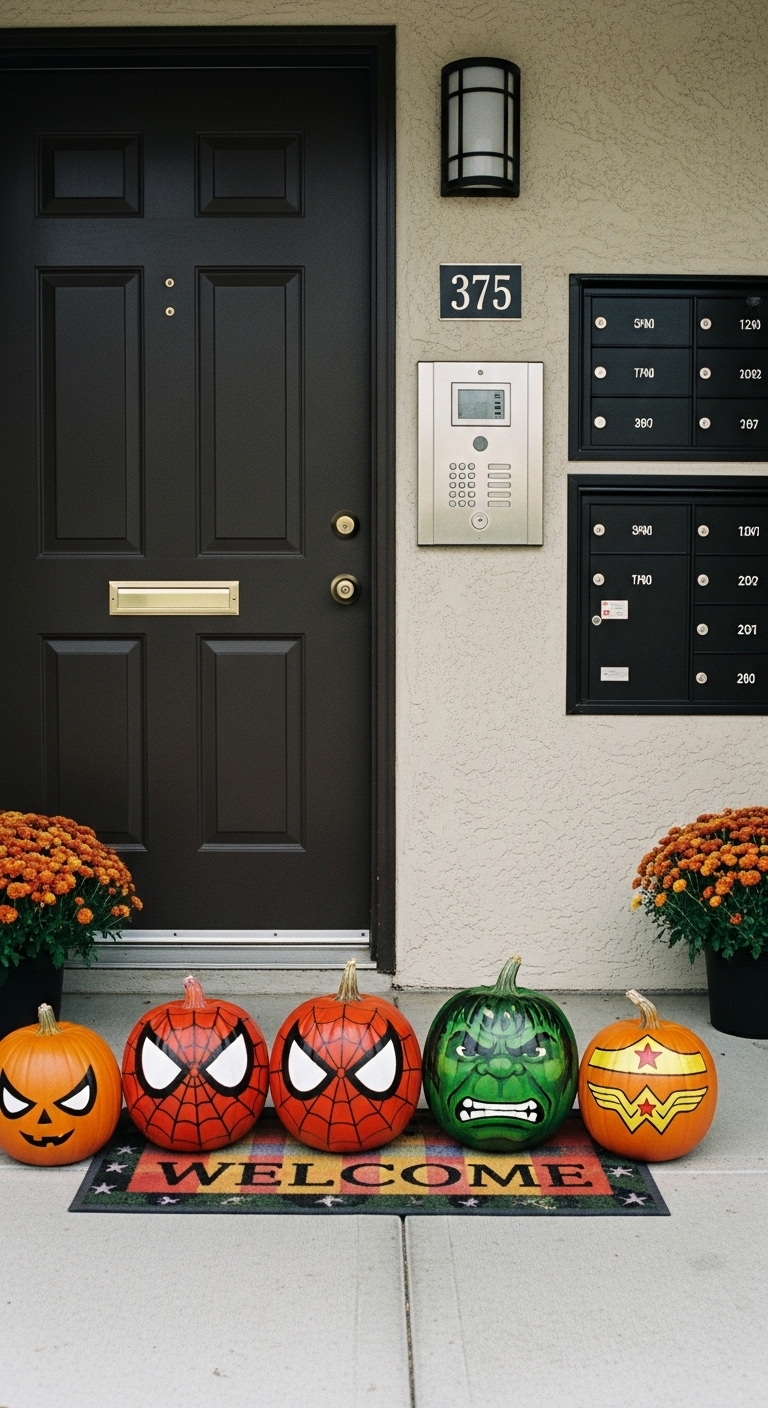 Halloween pumpkuins painted as superheros