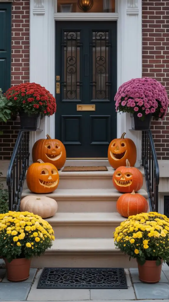 Front entrance with jack-o-lanterns