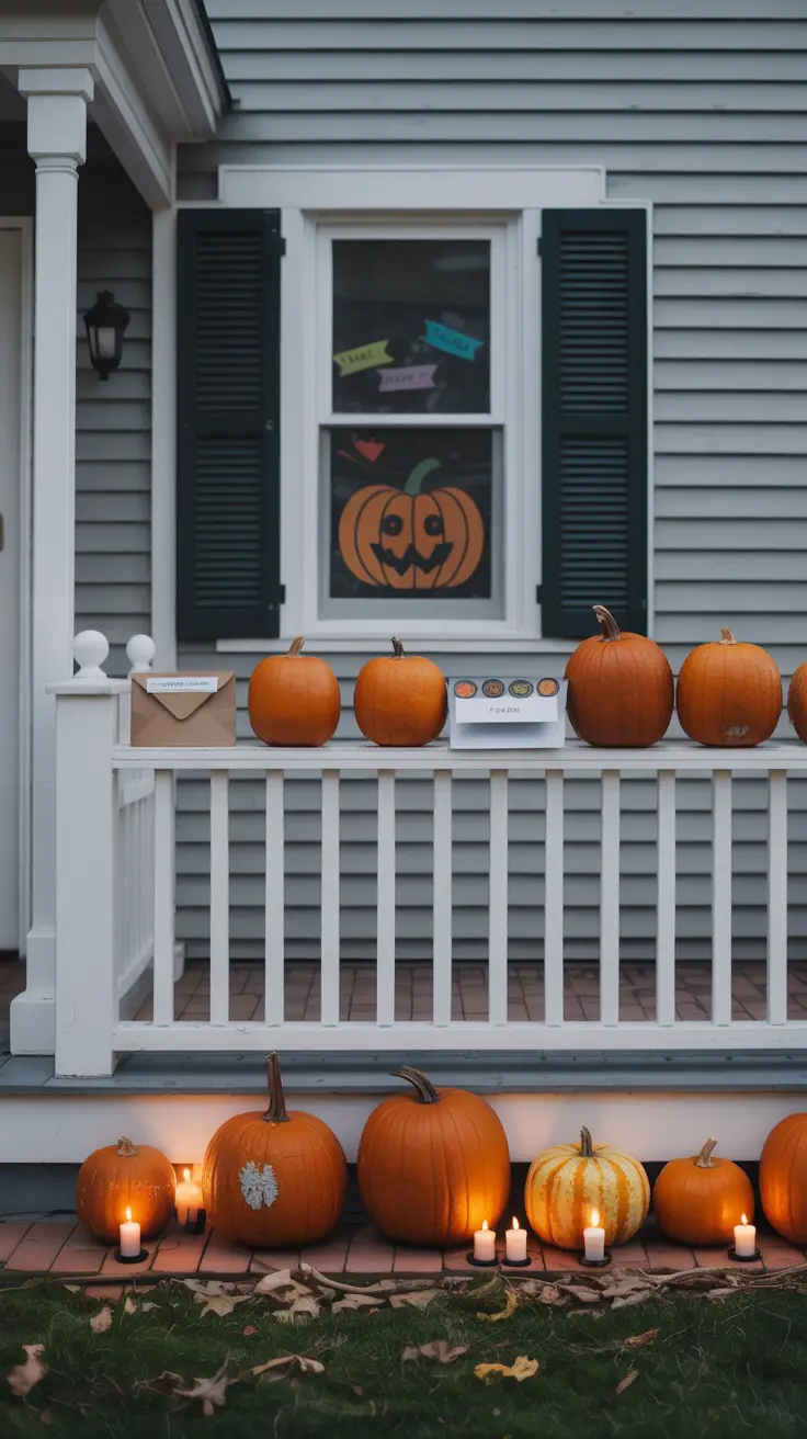 Halloween front porch with pumpkins