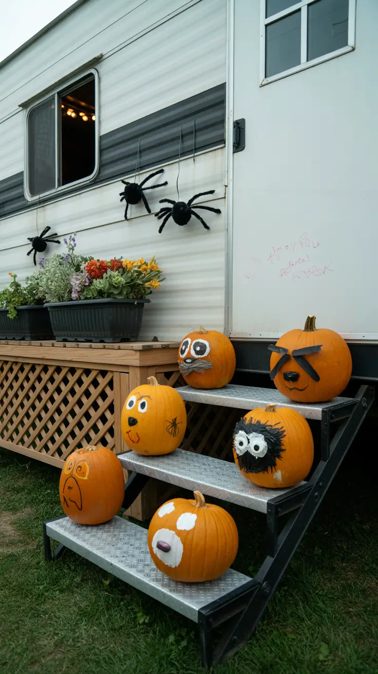 Halloween pumpkins painted as different animals crowd the metal steps