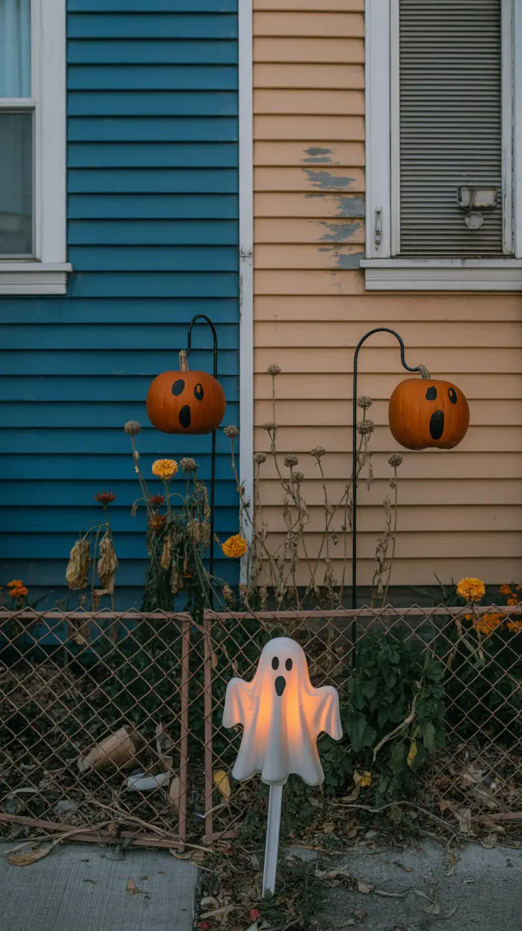 Ghost-faced pumpkins float on shepherd's hooks