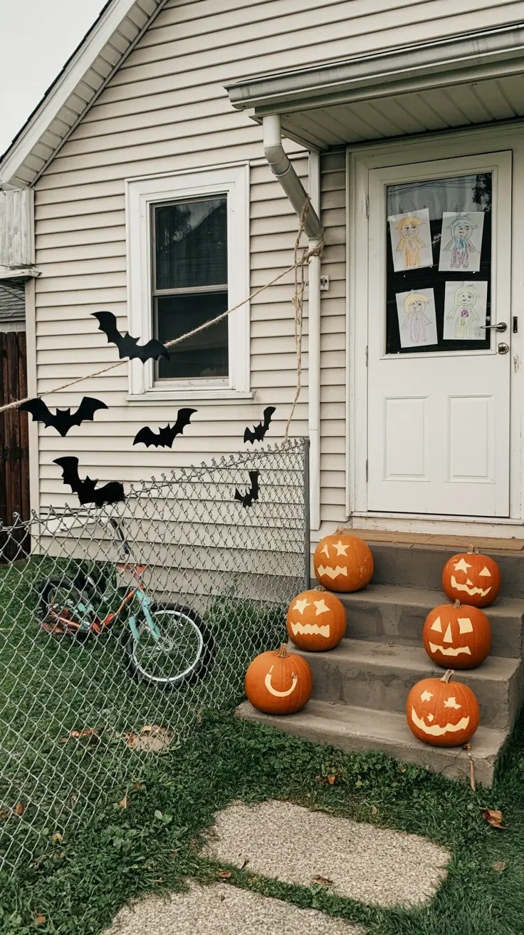 Six pumpkins with simple cutouts—stars, moons, zigzags—decorate the concrete steps