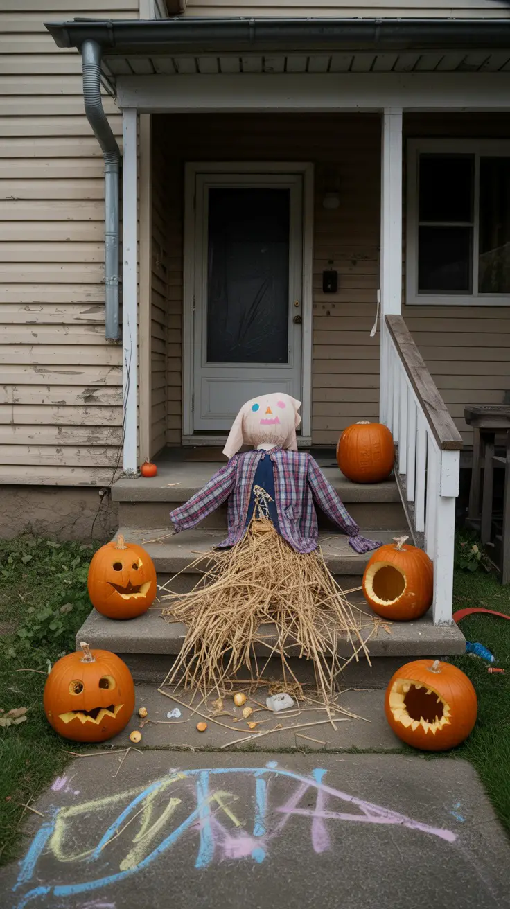 A half-finished scarecrow, made from an old flannel shirt and a pillowcase head, slumps in a pile near the steps, its straw stuffing spilling onto the concrete. Around it are carved Halloween pumpkins