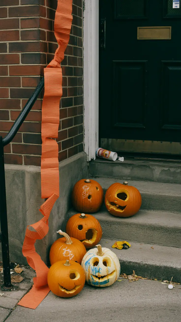 carved pumpkins cluster on the steps. Some have just one hole. Others have smiley faces. A few got decorated with markers too.