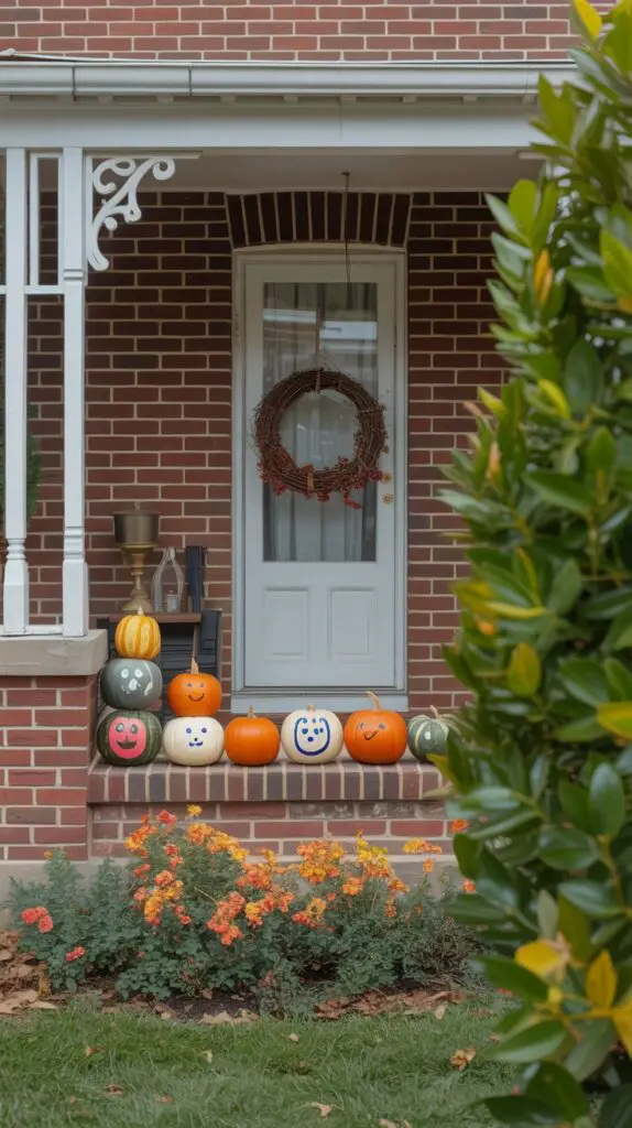 Bungalow with painted Halloween pumpkins—some with acrylic faces, others with spray-painted patterns. Grapvive door wreath