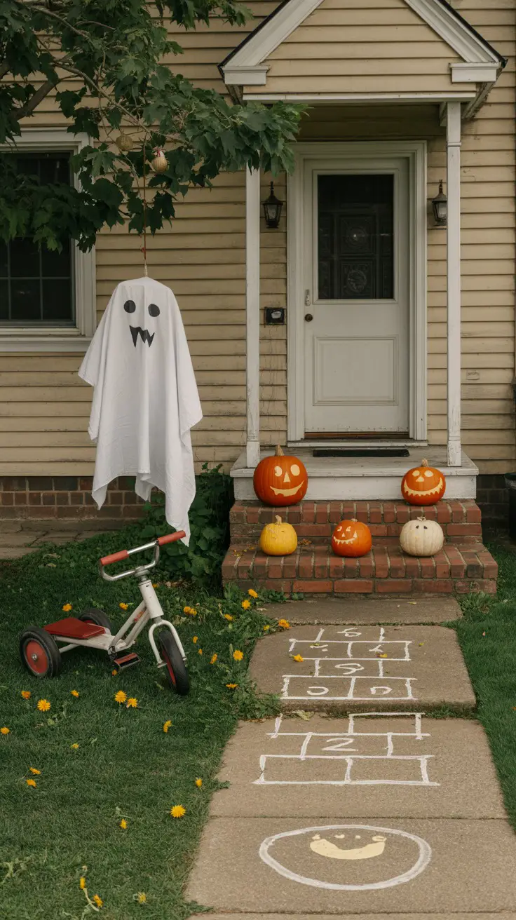 colonial with toys scattered on the lawn. Small pumpkins 0on steps