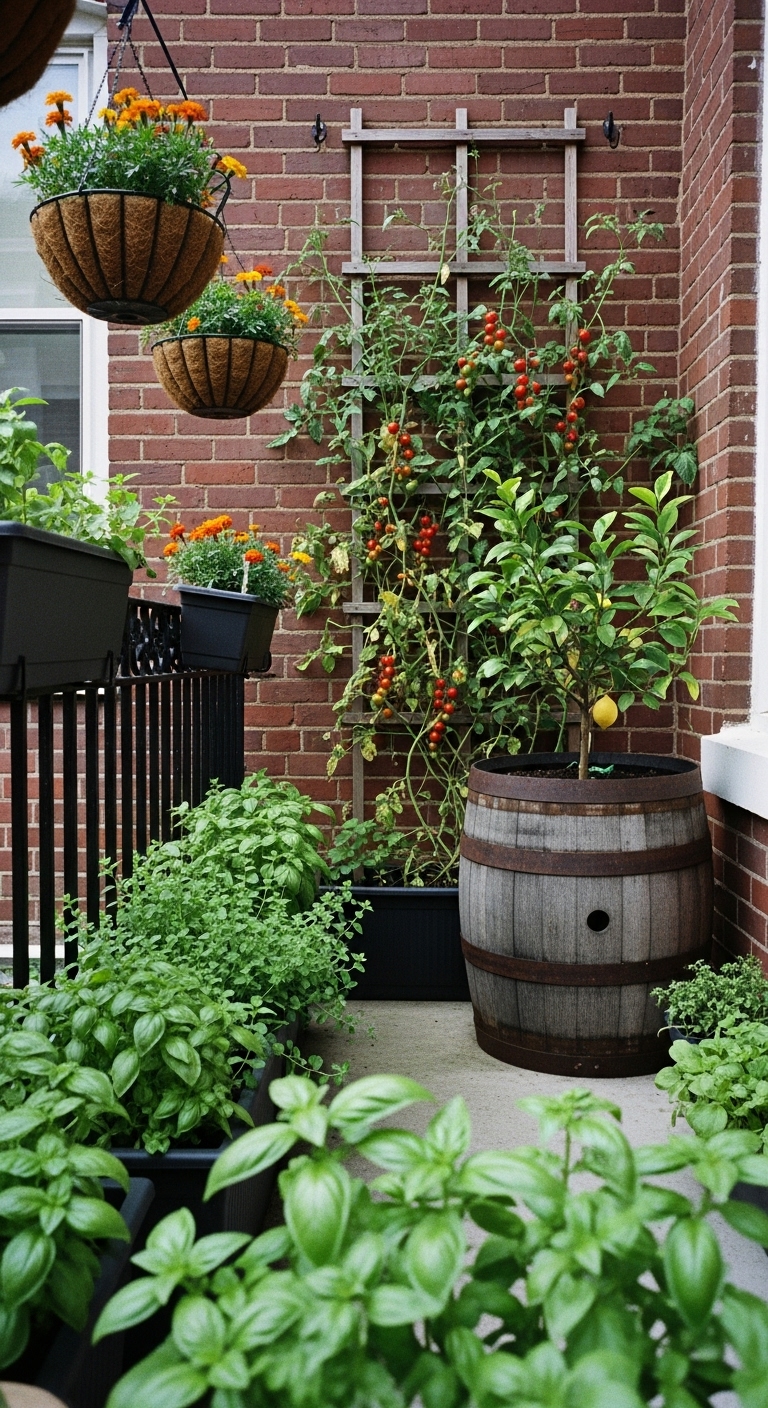 Urban city back porch with Basil and oregano fill railing planters. Cherry tomatoes climb a trellis. Marigolds spill from hanging baskets