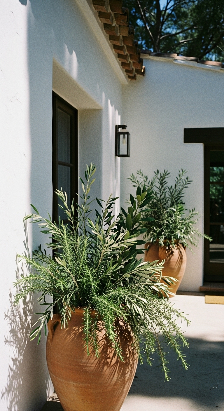 Mediterranean Christmas Terracotta urns overflow with rosemary sprigs, olive branches, and bay laurel mixed with traditional pine.