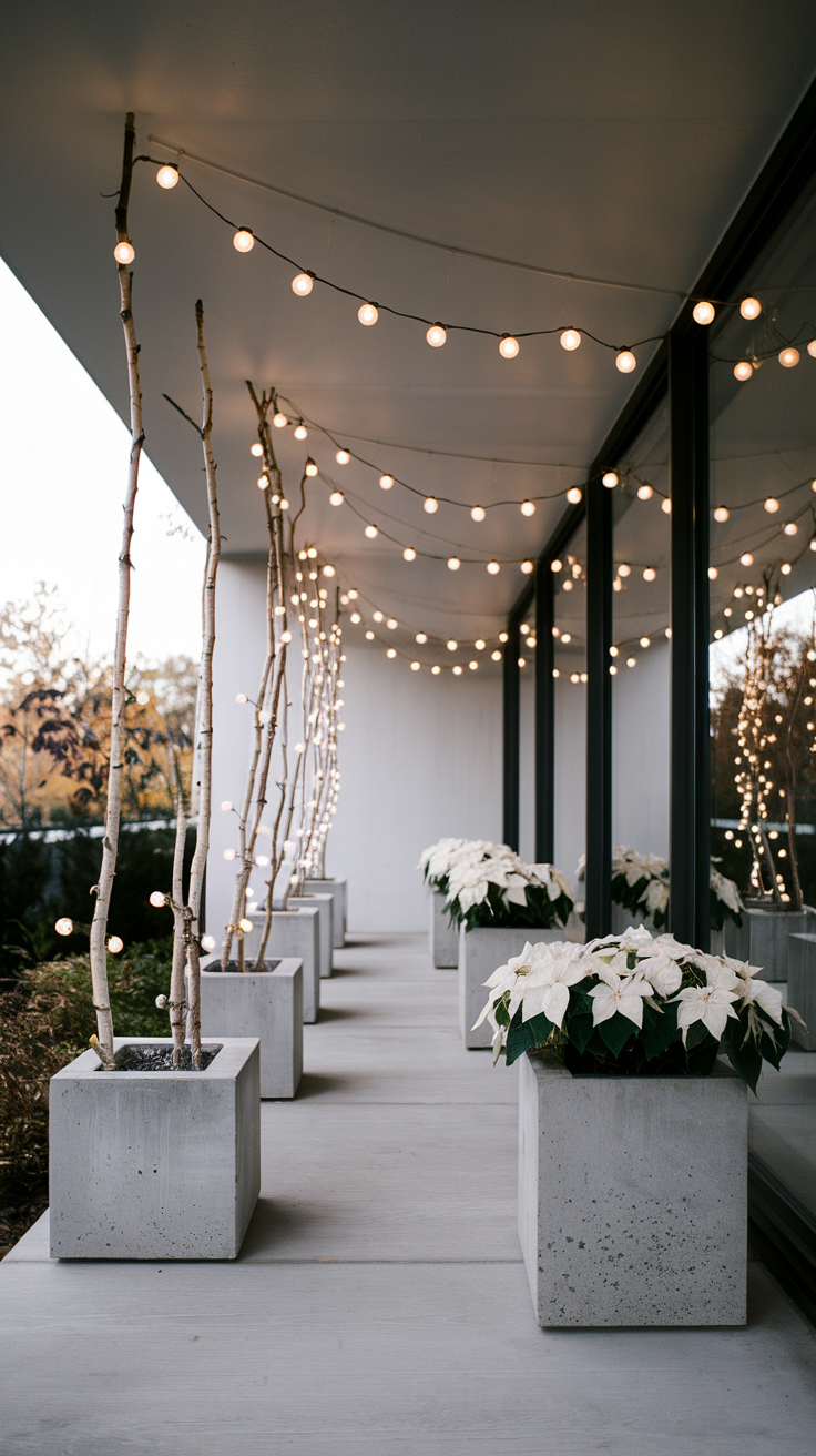 Modern Christmas square concrete planters. Single strands of globe lights draped from birch branches. White poinsettias add the only color
