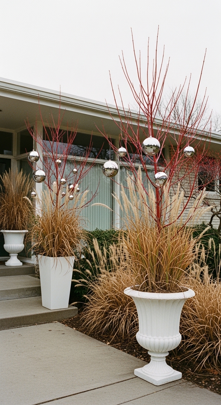 Christmas vases: Tall ornamental grasses remain from fall. Red dogwood branches spike through. Chrome silver ornaments hang at varying heights