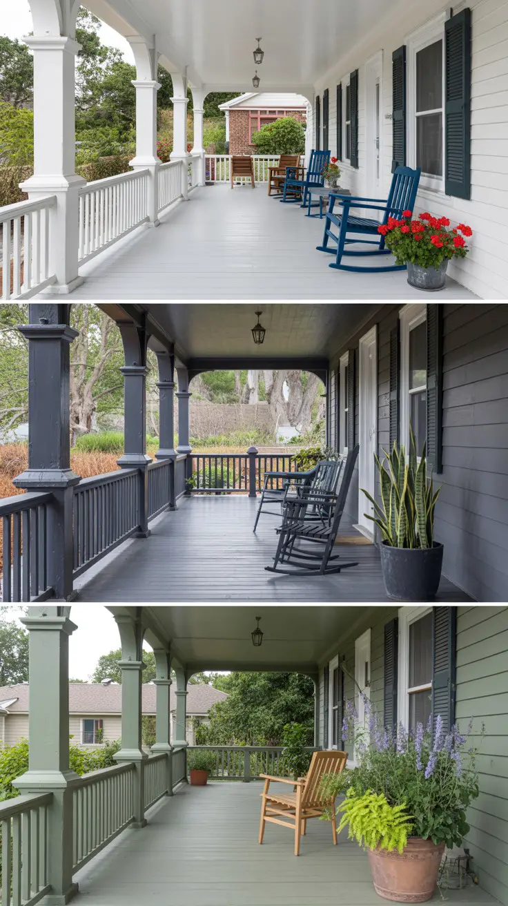 Three identical porches on the same street. One painted bright white feels crisp and clean. The second in charcoal gray looks modern and sophisticated. The third in sage green blends with surrounding gardens. Same porch structure, completely different vibes.