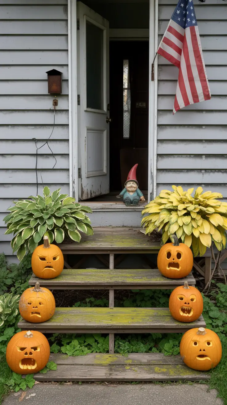 split-level house with hostas flanking the entrance, five carved pumpkins lined up on wooden step