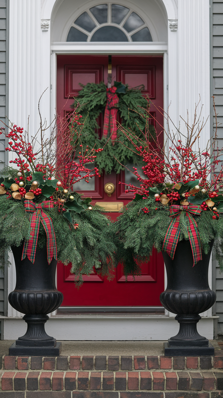 Black urns with fresh pine and holly overflow the containers. MacKenzie tartan plaid bows tie at center. Red berry picks and gold bells