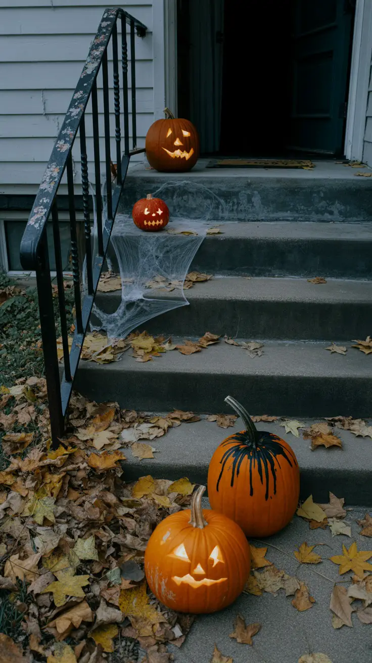 concrete stoop with railing, three various size pumpkins glowing in the dusk