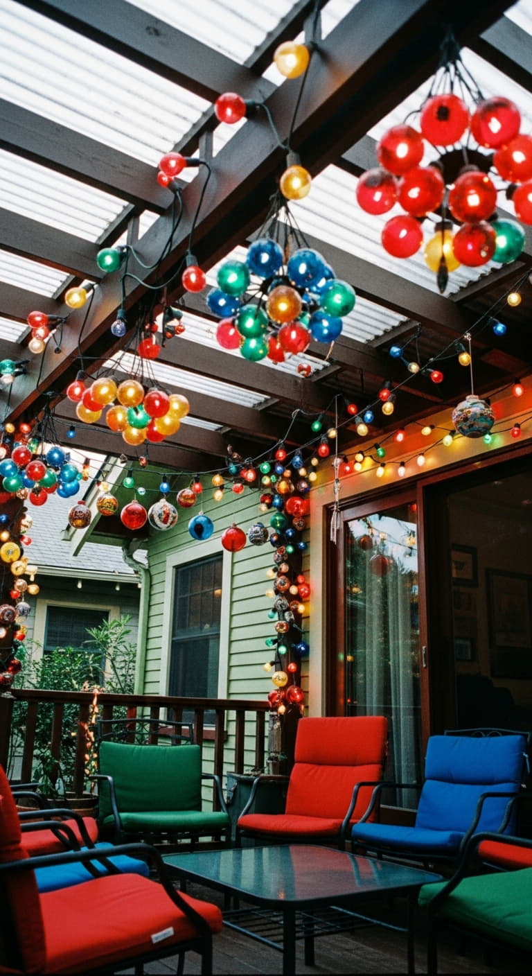 Christmas decorated patio ideas with patio adorned with multiple strings of multi-colored Christmas lights