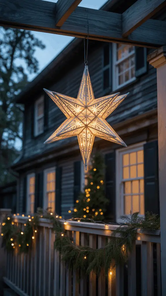 Christmas decorated patio ideas: vintage-style Moravian star lantern hangs from the center beam of the pergola