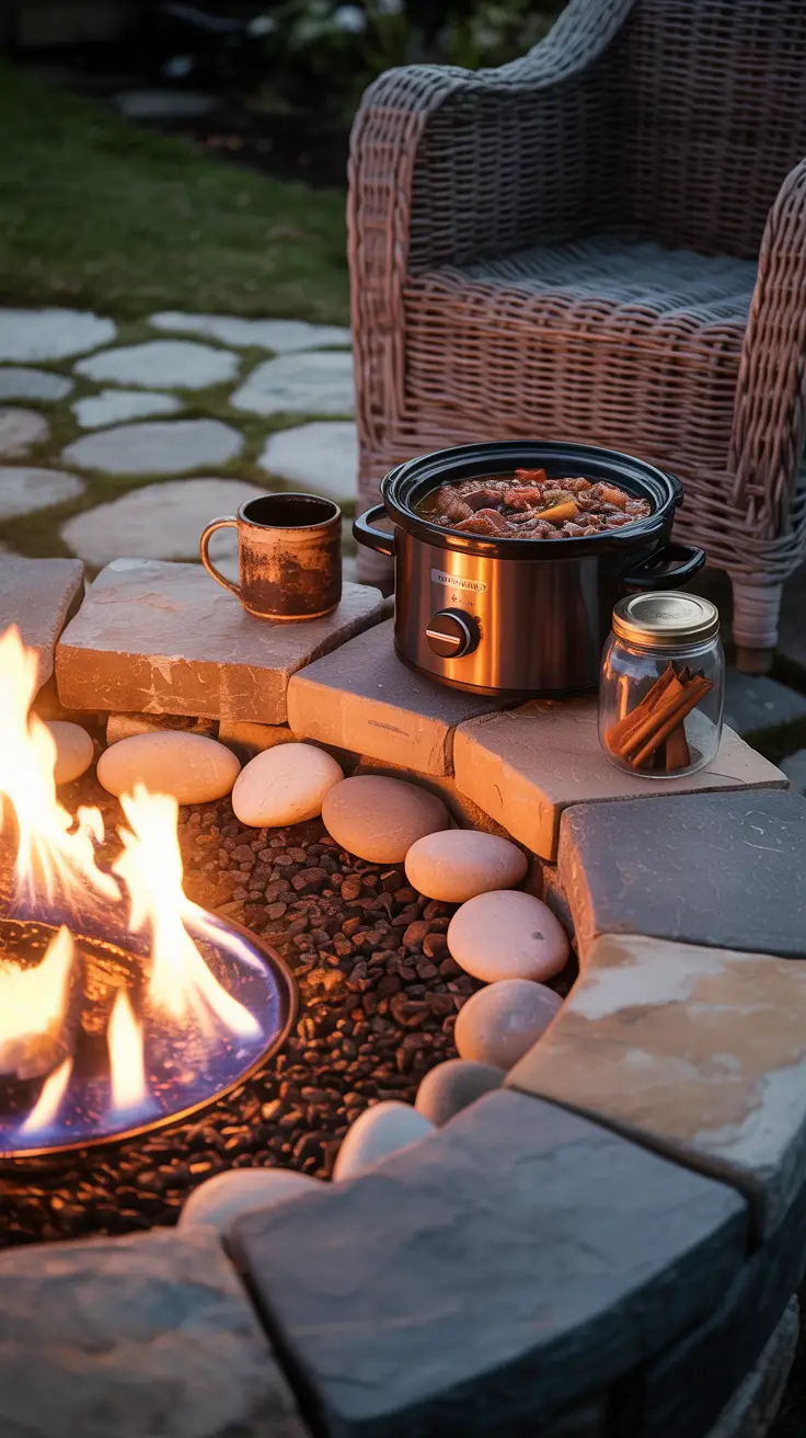 Christmas decorated patio ideas: A gas fire pit built into a stone patio