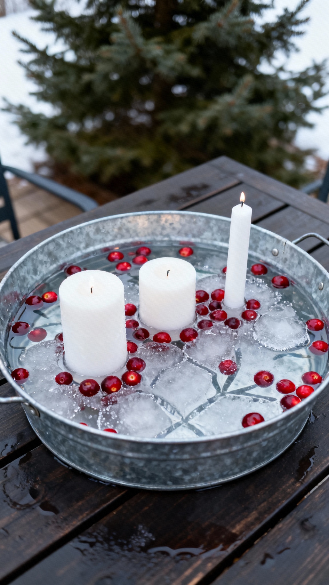Christmas decorated patio ideas: Three white candles in a tray is filled with water, and fresh red cranberries float around the base of the candles