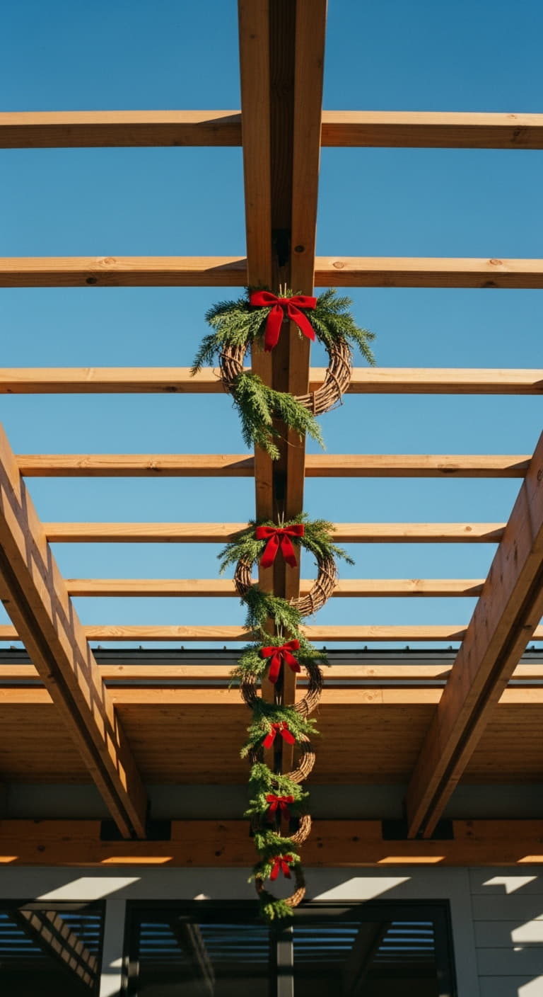 Christmas decorated patio ideas: grapevine wreaths are strung in a perfect line down the center of a pergola