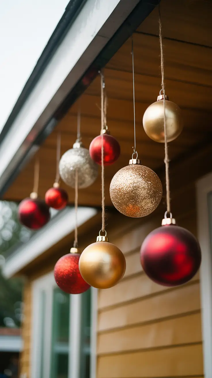 Christmas decorated patio ideas: Shatterproof Christmas ornaments in various sizes and hanging at different heights