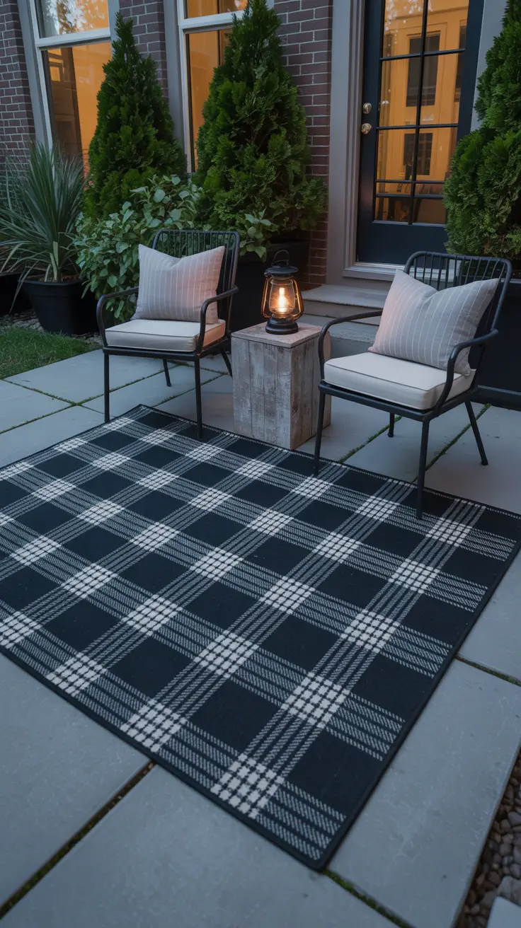 Christmas decorated patio ideas: A dark plaid outdoor rug is laid out, defining the seating area