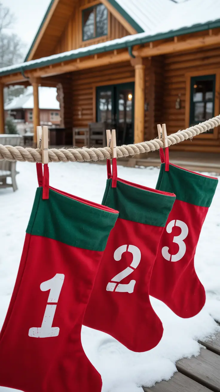 Christmas decorated patio ideas: Hung from a rope are 3 red and green Christmas stockings