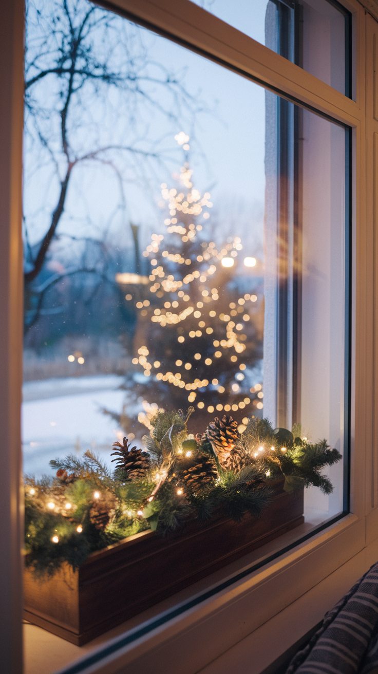 Christmas window box on the outside sill, filled with greenery, pinecones, and warm lights.