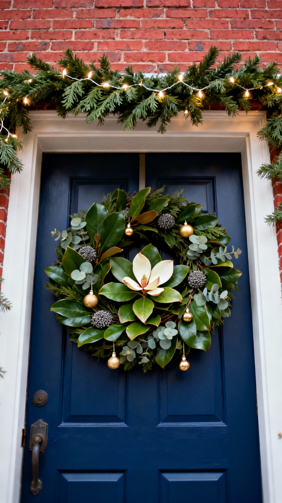 Magnolia leaf wreath with seeded eucalyptus and small, matte gold ornaments hangs on navy blue front door. A thick cedar garland is draped around the top of the door frame with LED lights