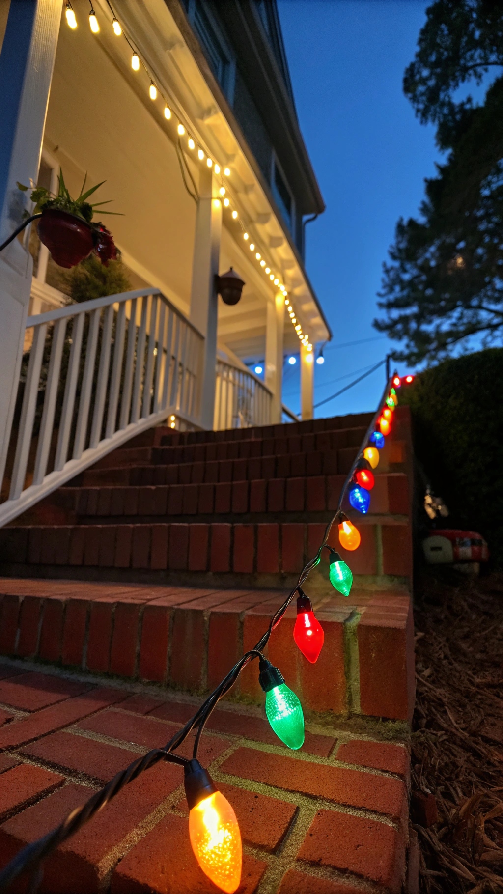 String of large, vintage-style C9 multicolored bulbs (red, green, blue, orange) tracing the edge of the steps