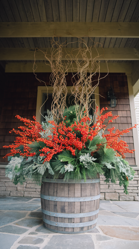 Wooden barrel Christmas Porch Planter