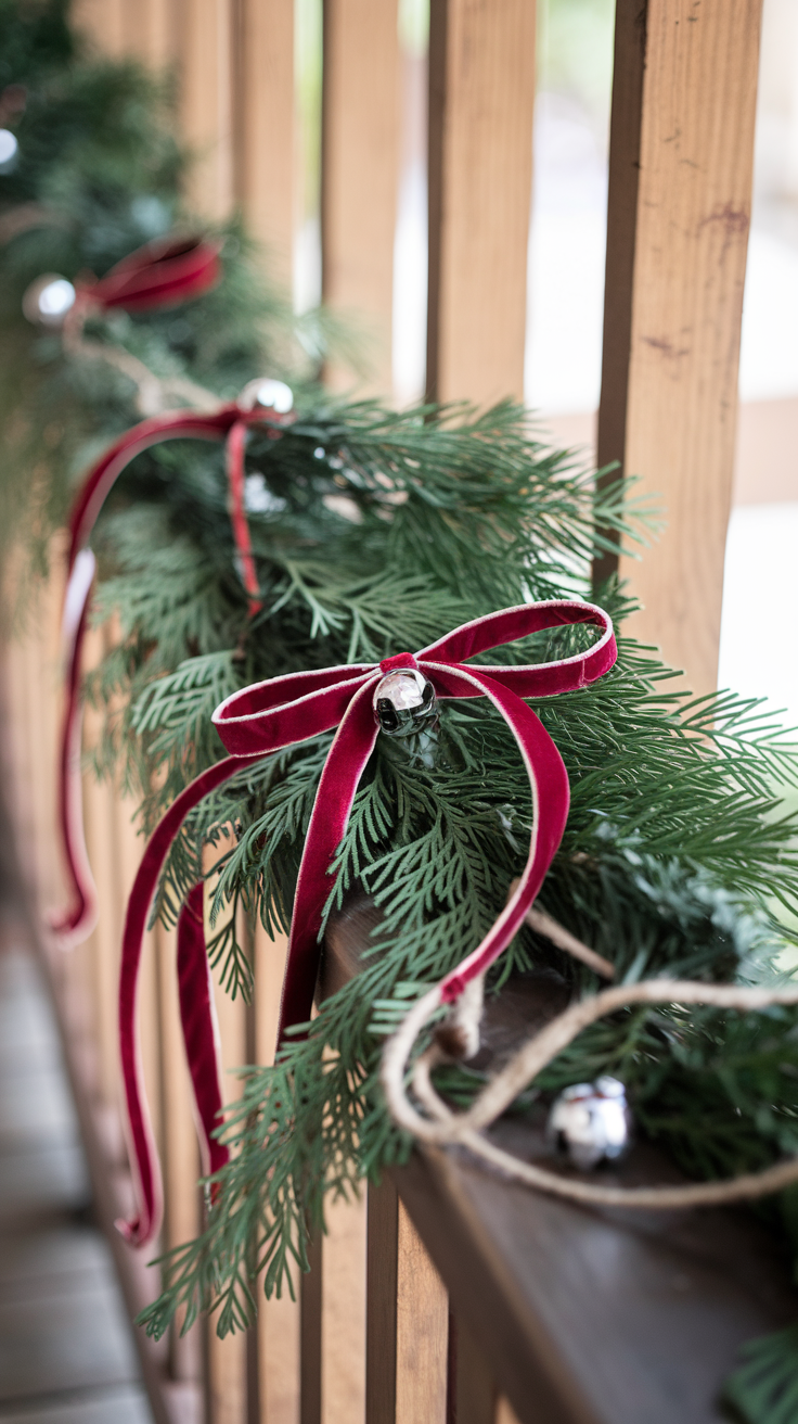 Wood railing of a Christmas porch. A fresh cedar garland ribbon and small chrome bell
